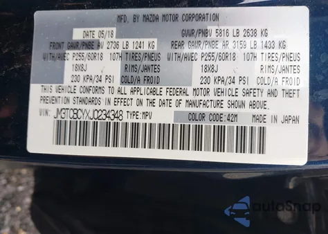 2018 Mazda Cx-9 Touring из США, поврежденный, VIN JM3TCBCYXJ0234348